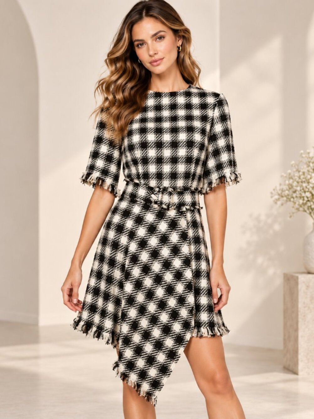 Oscar de la Renta Black Ivory Plaid Wool Asymmetric Mini Dress Size 2